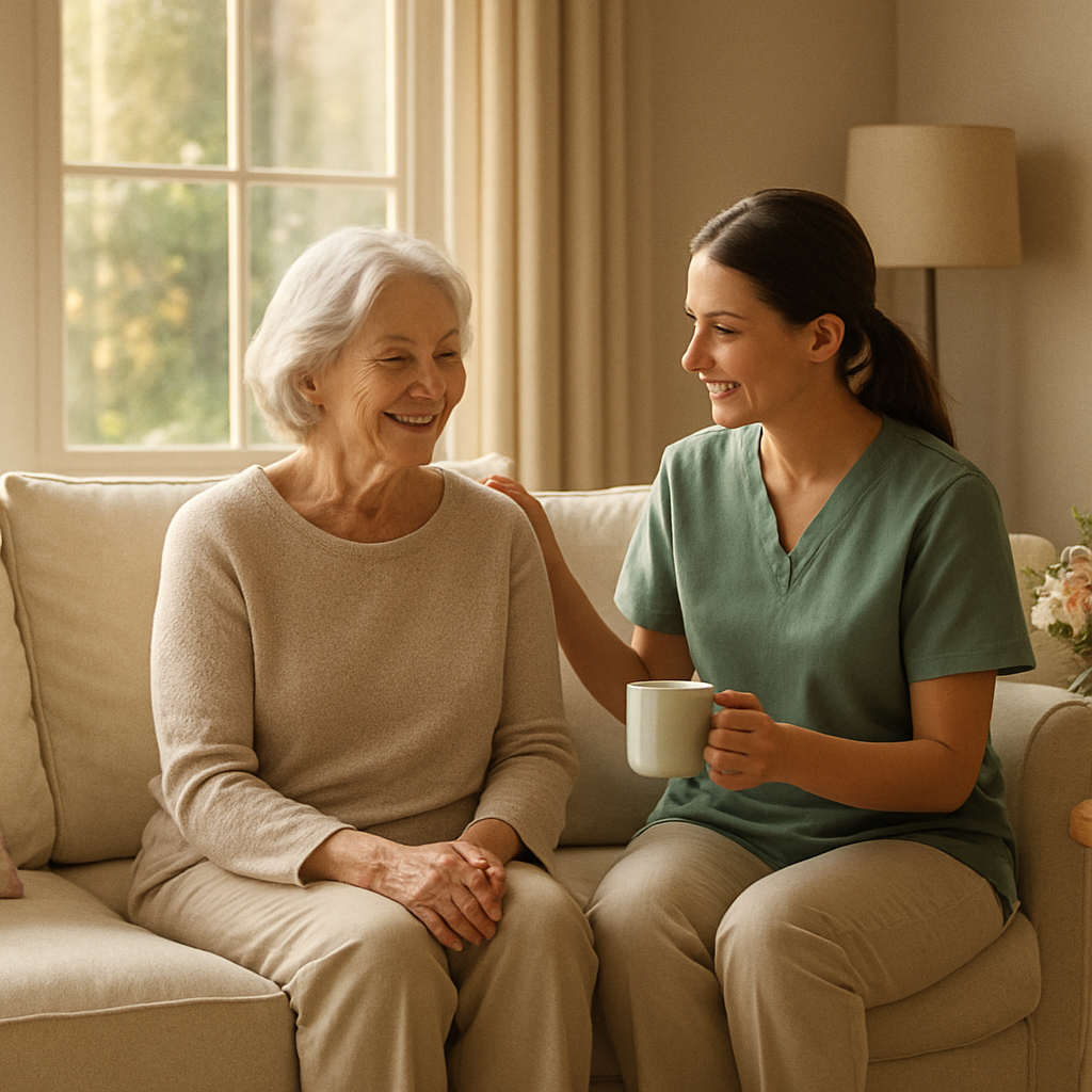 An elderly resident sharing tea with a caregiver in a sunlit sitting room